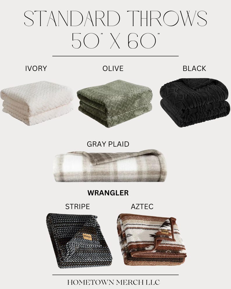 May include: A display of folded throws in various colors and patterns. The throws are labeled "Ivory," "Olive," and "Black," with additional styles including "Gray Plaid," "Stripe," and "Aztec." Each throw measures 50" x 60". The brand name "Hometown Merch LLC" is also visible.