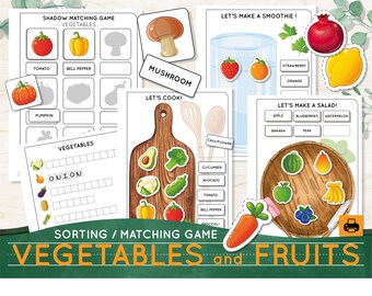 VEGETABLES and FRUITS Matching game Preschool Worksheets Printable Toddler Busy book Homeschool printables Kindergarten Children Activities