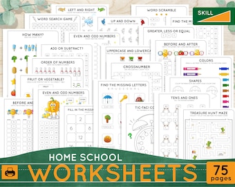 May include: A set of 75 printable homeschool worksheets for children. The worksheets feature a variety of educational activities, including word searches, crosswords, maths problems, and more. The worksheets are designed to help children learn and grow.