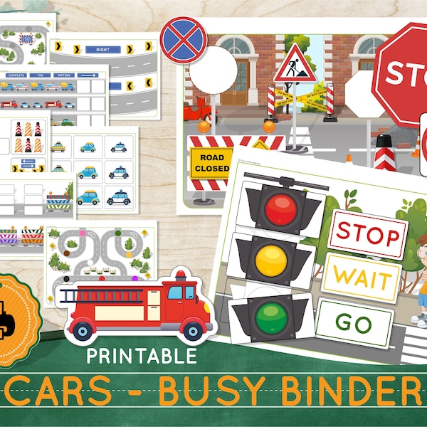 CARS Busy Book Toddler learning toy Printable Homeschool worksheets Kindergarten Busy binder activities Vehicles game Preschool Printables