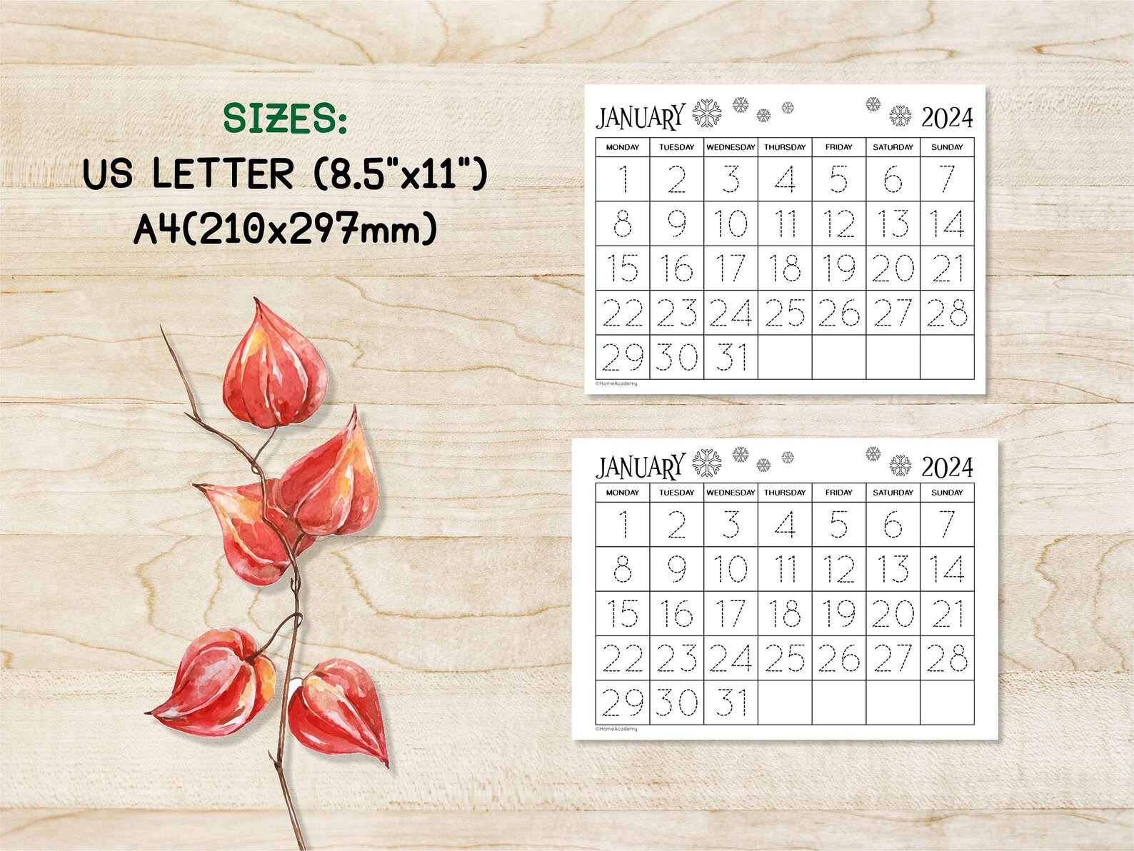 Printable CALENDAR 2024 Traceable Calendar Homeschool Morning Binder Worksheets Number Tracing ...