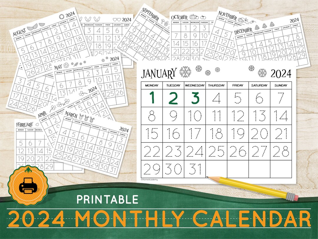 Printable CALENDAR 2024 Traceable Calendar Homeschool Morning Etsy