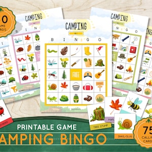 CAMPING BINGO à imprimer 30 cartes de bingo et 75 cartes de visite Jeux de camp pour enfants Activités estivales à imprimer sur le thème du camping Fête d'anniversaire à imprimer