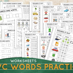 CVC Words Printable Homeschool Worksheets Learn to read Pre-k curriculum Reading practice activity sheets Word search Preschool printables