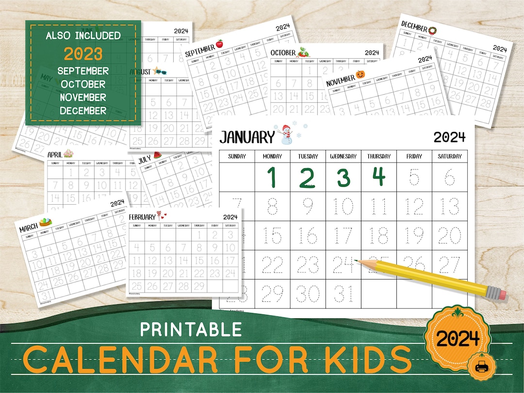 2024 Calendar for Kids Traceable Calendar Printable Worksheets Etsy
