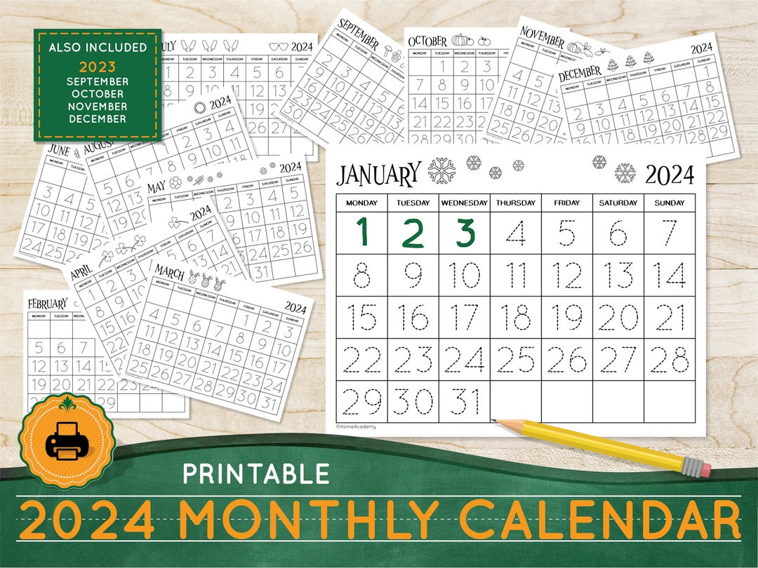 Printable CALENDAR 2024 Traceable Calendar Homeschool Morning Binder Worksheets Number Tracing ...
