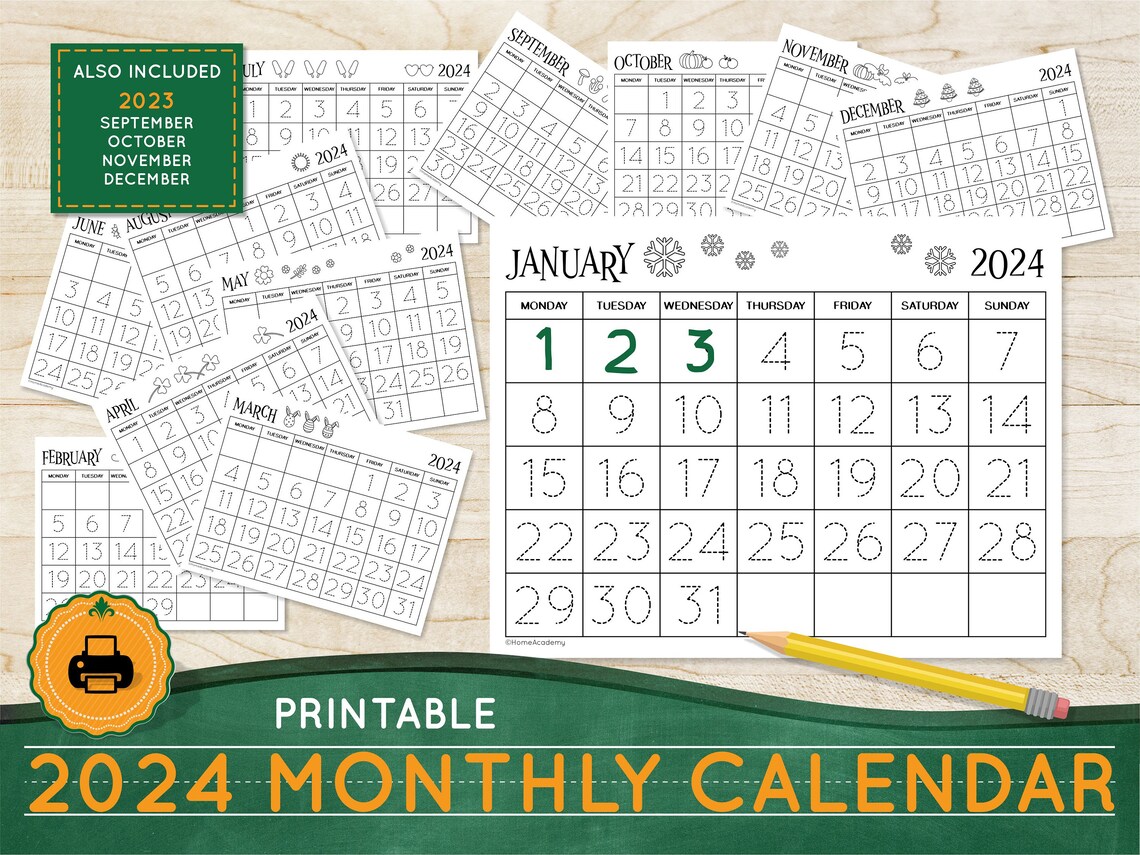Printable CALENDAR 2024 Traceable Calendar Homeschool Morning Binder Worksheets Number Tracing ...