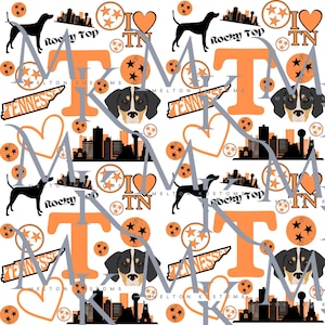 May include: A white background with a repeating pattern of orange and black Tennessee themed graphics. The graphics include the state of Tennessee, a heart with the letters TN, a star with the state of Tennessee inside, a black and white hound dog, the letter T, and the words "Rocky Top".