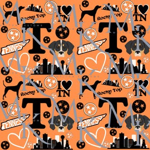 May include: Orange patterned design featuring black silhouettes of dogs, city skylines, and the text "Rocky Top" and "Tennessee". Includes white hearts, stars, and the letters "M", "T", and "TN".