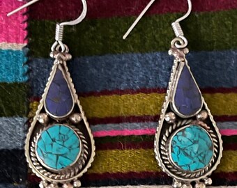 Stunning Handmade Teardrop Earrings from Nepal with Turquoise and Lapis