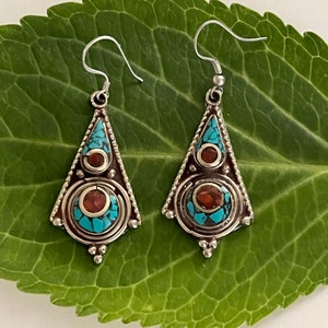 Stunning Handmade Himalayan White Brass Triangle-Shaped Dangle Earrings with Coral and Turquoise- Made in Nepal