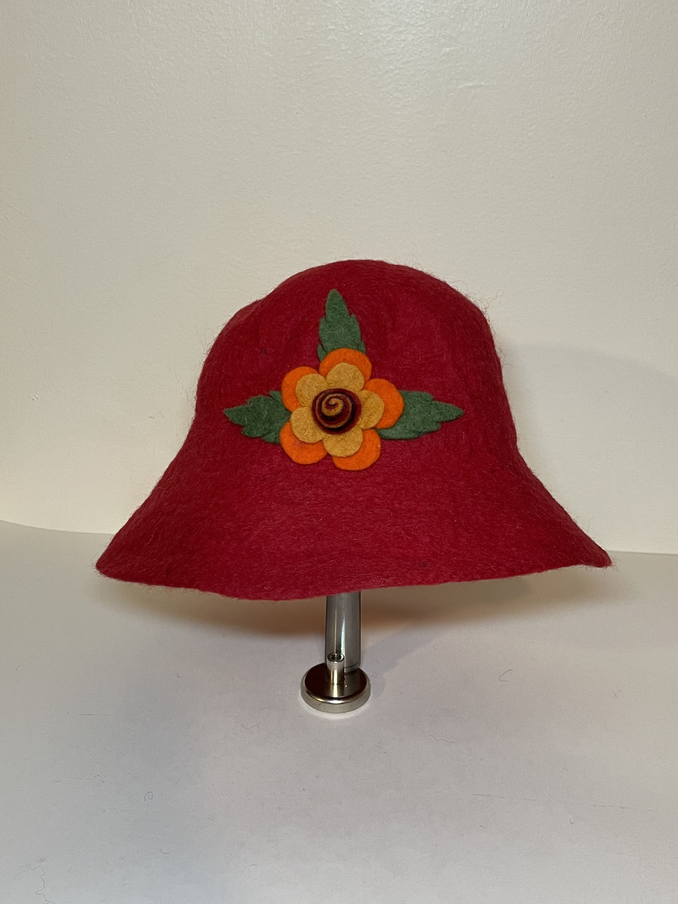 Handmade Wool Bucket Hat Black Felt Floral Detail Made in Nepal Beautiful Handmade Felt Bucket/downton Hat From Nepal With a  main image 2