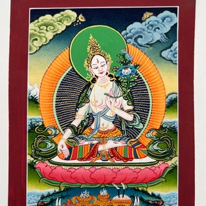 White Tara (Sitatara) Fine Hand painted Buddhist Portable / mini Thangka Painting art from Nepal.Available in Size: 17cm x 13.5cm