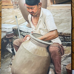 Gorgeous Hand-painted Oil Painting of Indigenous Nepali (Newari) Man doing Pottery&Hookah artist by Mishri Man Chitrakar(Signed in 2054B.S)