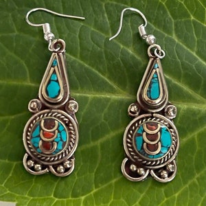 Beautiful Handmade Himalayan White Brass Dangle Earrings with Coral and Turquoise- Made in Nepal