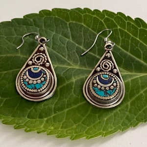 Gorgeous Handmade Himalayan White Brass Moon-Shaped Dangle Earrings with Lapis, and Turquoise- Made in Nepal
