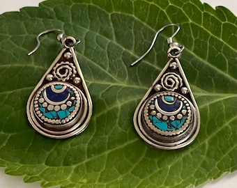 Gorgeous Handmade Himalayan White Brass Moon-Shaped Dangle Earrings with Lapis, and Turquoise- Made in Nepal