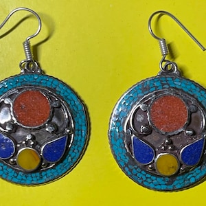 Beautiful Handmade Round Dangle Earrings from Nepal with Coral, Turquoise, Lapis and Amber