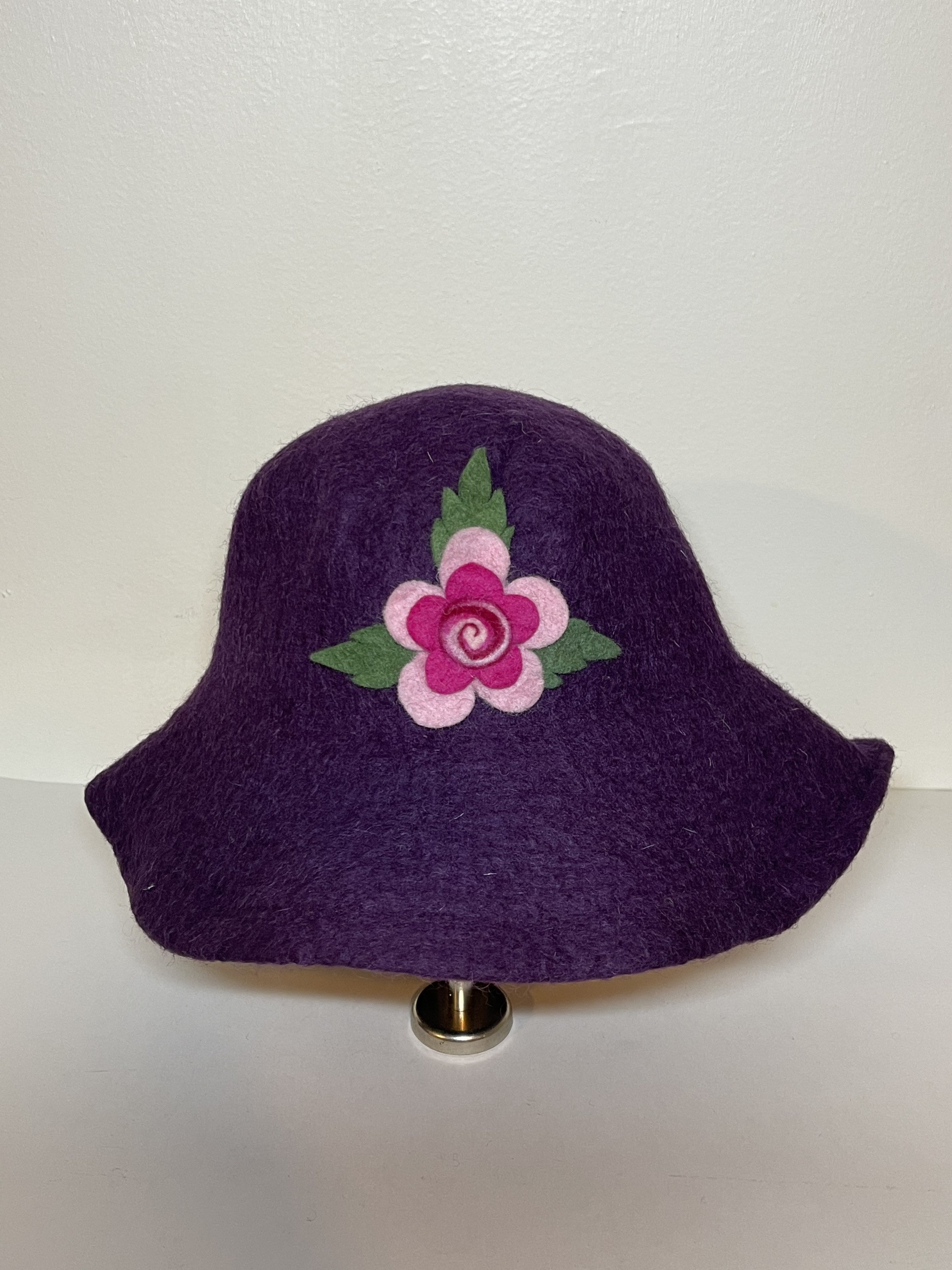 Handmade Wool Bucket Hat Black Felt Floral Detail Made in Nepal Beautiful Handmade Felt Bucket/downton Hat From Nepal With a  main image 3