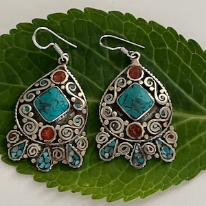 Vibrant Handmade Himalayan White Brass Dangle Earrings with Coral and Turquoise- Made in Nepal