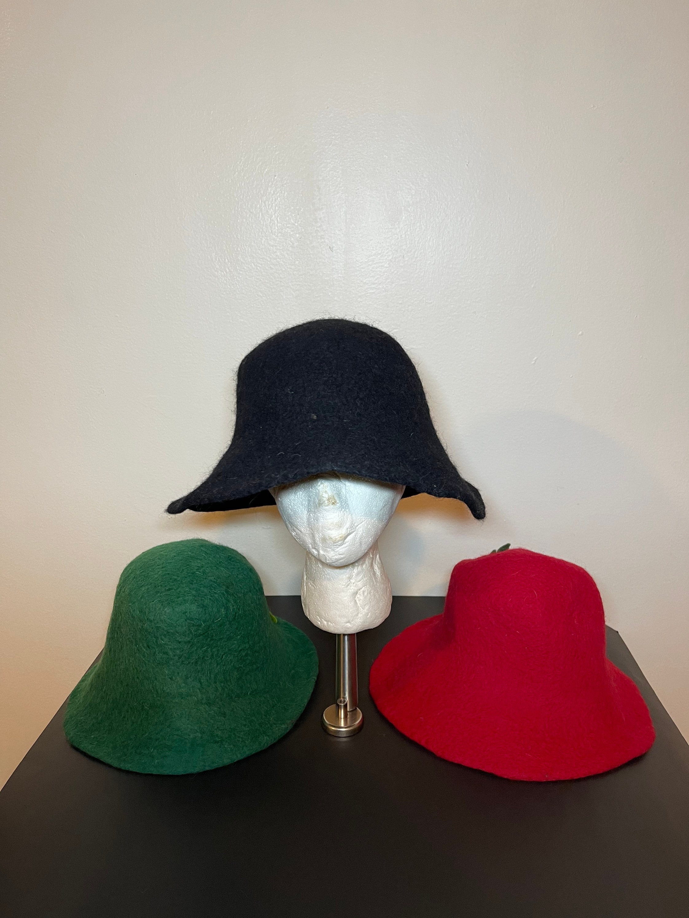 Handmade Wool Bucket Hat Black Felt Floral Detail Made in Nepal Beautiful Handmade Felt Bucket/downton Hat From Nepal With a  main image 2