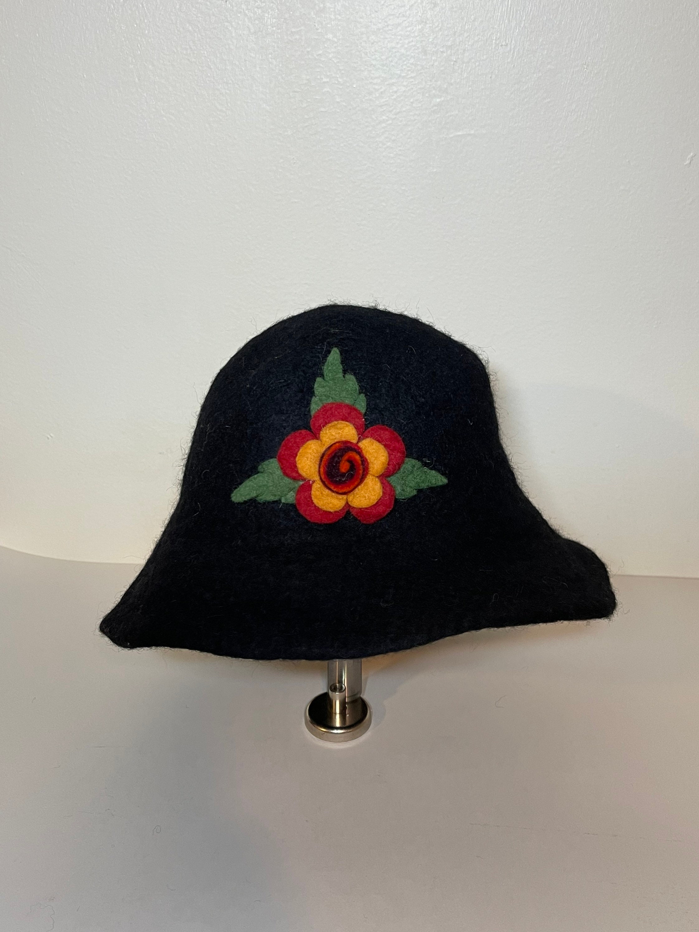Handmade Wool Bucket Hat Black Felt Floral Detail Made in Nepal Beautiful Handmade Felt Bucket/downton Hat From Nepal With a  main image 3
