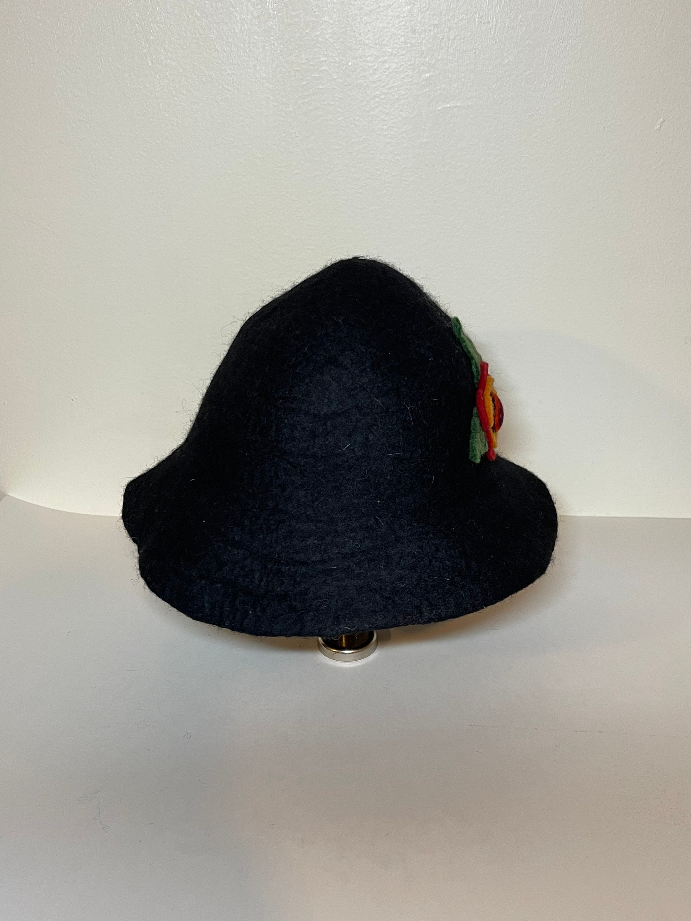 Handmade Wool Bucket Hat Black Felt Floral Detail Made in Nepal Beautiful Handmade Felt Bucket/downton Hat From Nepal With a  main image 4