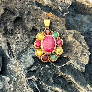 Beautiful Handmade gold-plated silver pendant with nine semi-precious stones in the navaratna style.