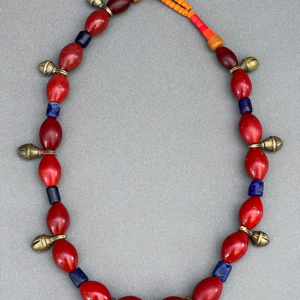 Stunning  Antique Naga Ao Necklace -  Brass bells,Glass Beads with conch shell Lock button from Nagaland,northeastern India.