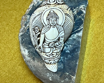 Beautiful Old Hand-Carved Mini Conch Shell (sankha) from Nepal with a Carving of Medicine Buddha (Sanghay menlha) from Nepal.