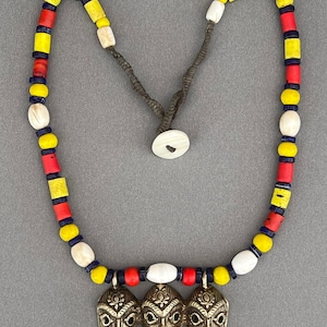 Stunning Tribal Warrior Necklace from Nagaland with Old Glass/shell beads with Beautiful Pendant of interesting triple primitive brass faces
