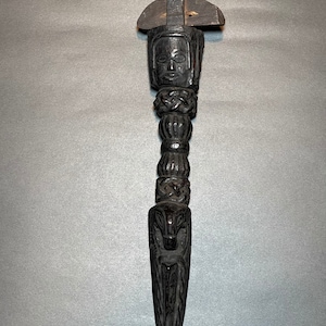 Beautiful Rare Antique Wooden Shaman Ritual Drum Handle (Dyangro) With Three Faces From Western Nepal - Jajarkot