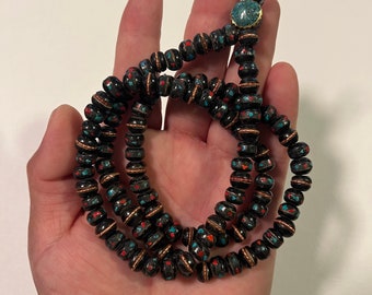 Fine Handmade 8mm Buddhist spiritual Prayer Beads Mala made of yak bone with inlaid stones of coral and turquoise from Nepal.Wearable mala.