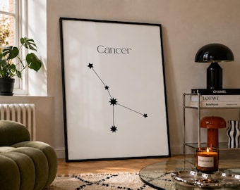 Cancer Zodiac Art Print, Black and White Constellation Poster, Minimalist Astrology Wall Art, Cancer Birthday Gift, Digital Download