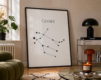 Gemini Zodiac Art Print, Black and White Constellation Poster, Minimalist Astrology Wall Art, Gemini Birthday Gift, Digital Download