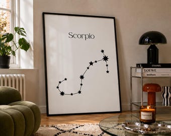 Scorpio Zodiac Art Print, Black and White Constellation Poster, Minimalist Astrology Wall Art, Scorpio Birthday Gift, Digital Download