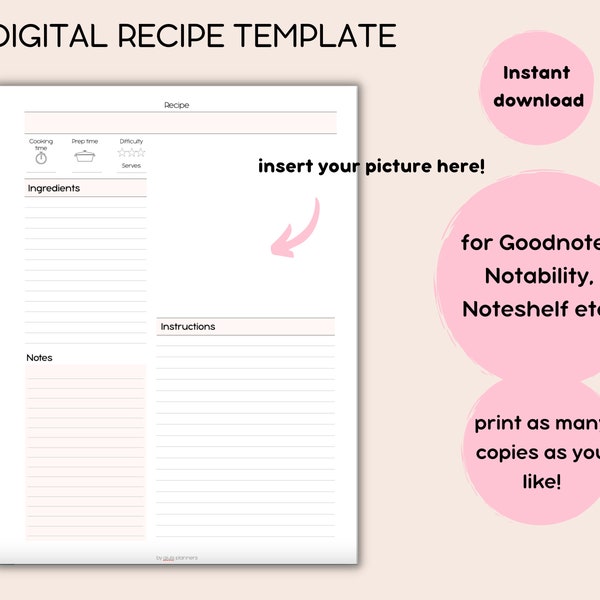 Minimalist Recipes template | Digital Recipe Template | Printable Pink Recipe Template | Fillable pdf Template | Goodnotes Template |