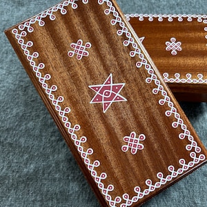 Wood pooja stool  9.5Hx4.5Wx1.5D/chowki/manai/ peeta with uniform vynil  rangoli/muggu design/ pooja / muggu peeta/ pooj manai/return gifs