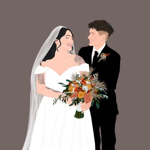 May include: A bride and groom in wedding attire. The bride is wearing a white dress with a veil and holding a bouquet of flowers. The groom is wearing a black suit with a tie. They are looking at each other and smiling.