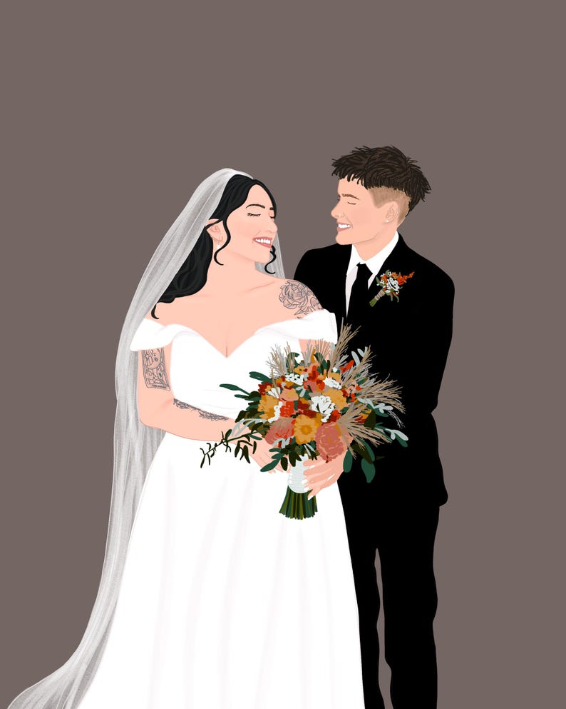 May include: A bride and groom in wedding attire. The bride is wearing a white dress with a veil and holding a bouquet of flowers. The groom is wearing a black suit with a tie. They are looking at each other and smiling.