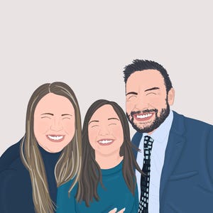 May include: A family portrait featuring three people, a woman with long brown hair wearing a black shirt, a woman with long brown hair wearing a teal shirt, and a man with short brown hair wearing a blue suit and a patterned tie. All three are smiling.