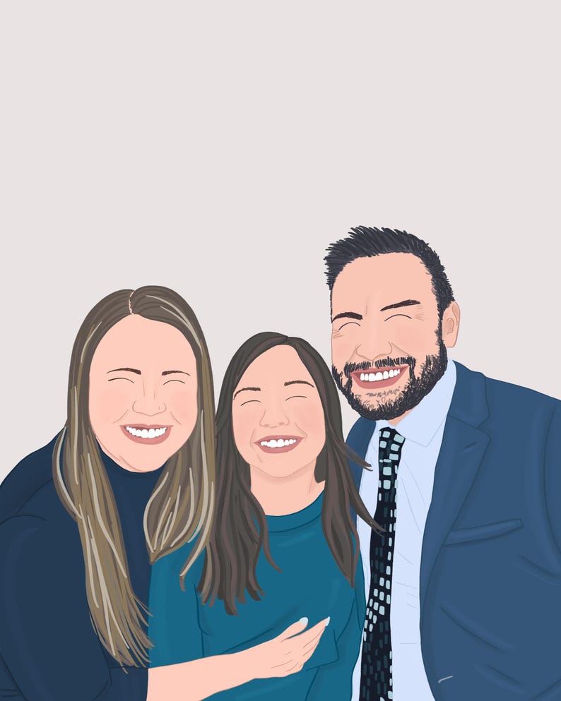 May include: A family portrait featuring three people, a woman with long brown hair wearing a black shirt, a woman with long brown hair wearing a teal shirt, and a man with short brown hair wearing a blue suit and a patterned tie. All three are smiling.