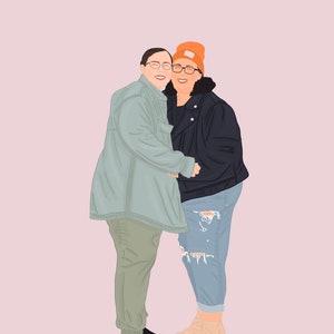 May include: Two people are standing close together, smiling and looking at each other. The person on the left is wearing a light green jacket, khaki pants, and black shoes. The person on the right is wearing a black leather jacket, ripped blue jeans, and brown boots. The person on the right is also wearing an orange beanie.