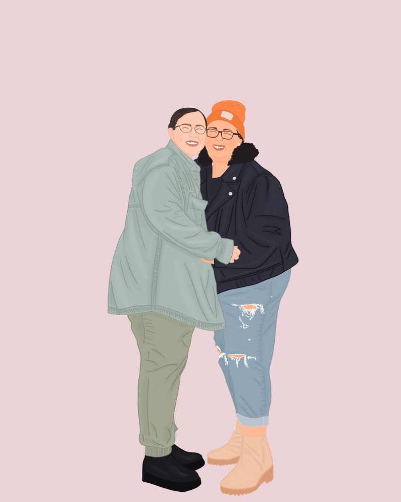 May include: Two people are standing close together, smiling and looking at each other. The person on the left is wearing a light green jacket, khaki pants, and black shoes. The person on the right is wearing a black leather jacket, ripped blue jeans, and brown boots. The person on the right is also wearing an orange beanie.