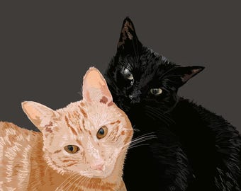 May include: A close-up of two cats, one orange and one black, looking at the camera. The orange cat is on the left and the black cat is on the right. The orange cat has a white chest and paws. The black cat has green eyes.