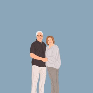 May include: A couple stands together, smiling. The man is wearing a black shirt, white pants, and glasses. The woman is wearing a light gray shirt and brown pants.