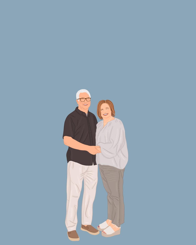 May include: A couple stands together, smiling. The man is wearing a black shirt, white pants, and glasses. The woman is wearing a light gray shirt and brown pants.