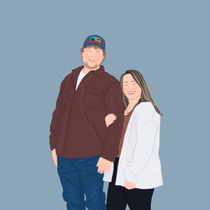 May include: A couple smiling at the camera. The man is wearing a brown button-down shirt, blue jeans, and a blue baseball cap. The woman is wearing a white cardigan, brown shirt, and black pants.