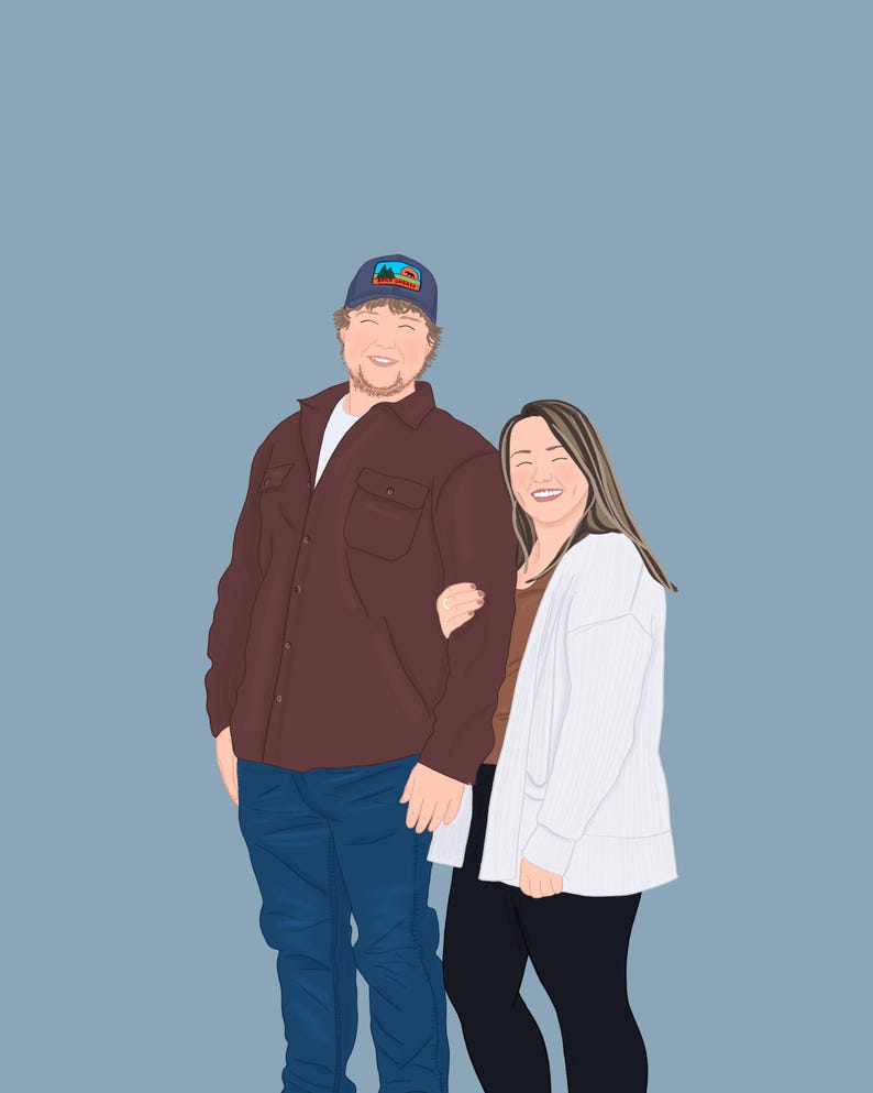May include: A couple smiling at the camera. The man is wearing a brown button-down shirt, blue jeans, and a blue baseball cap. The woman is wearing a white cardigan, brown shirt, and black pants.