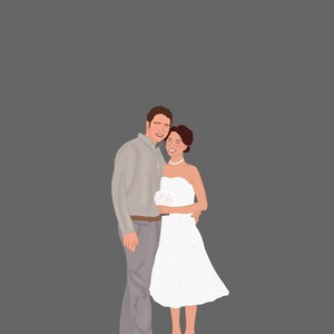 May include: A couple poses for a wedding photo. The groom is wearing a light brown button-down shirt and khaki pants. The bride is wearing a white strapless dress and holding a bouquet of white flowers.